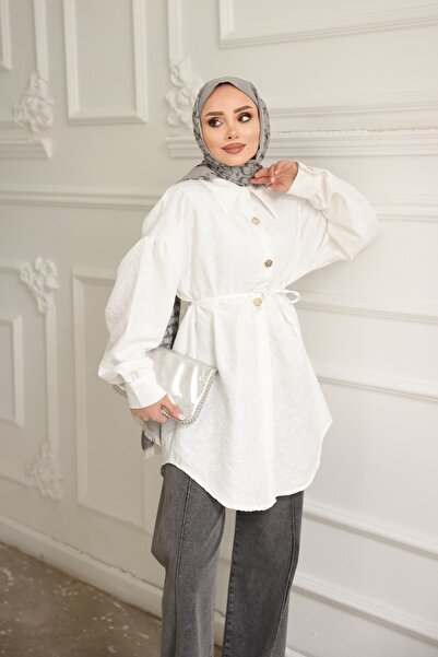 İmajButik Ecru Self-Threaded Patterned Thread Detailed Shirt