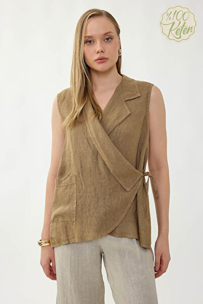 Vitrin 100% Linen Double-Breasted Collared Tie-Back Blouse