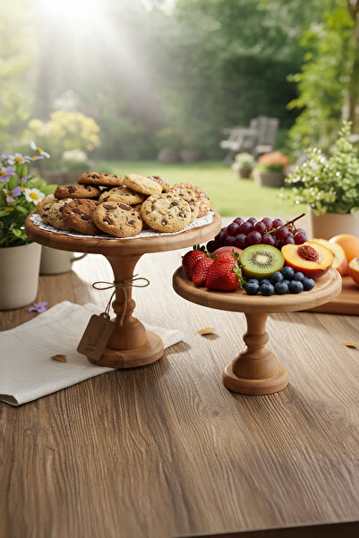 WOODENZ AHŞAP ATOLYESİ 2’li Ahşap Ayaklı Pasta & Sunum Standı – Doğal Kek Mey...