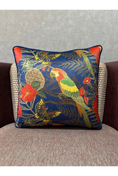 Fabricland Ithal Ipek Kadife Papağan Desen Lacivert Kırlent Kılıfı 43x43cm (Ç...