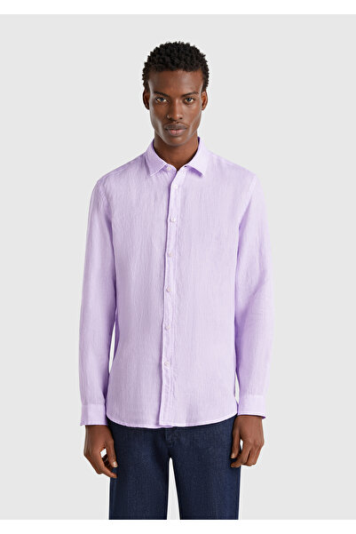 United Colors of Benetton Erkek Lila %100 Keten Gömlek