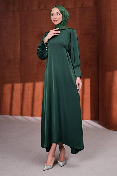 İmajButik Σατέν βραδινό φόρεμα με σμαραγδένιο πράσινο μανικετόκουμπα και ζώνη...