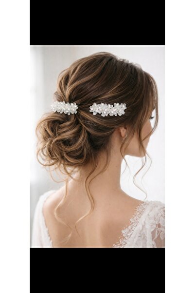 YÜSRAKSESUAR Minimal Beyaz buğulu çiçekli taraklı toka gelin saç aksesuarı ni...