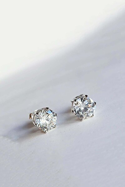 MorMajor Silver 8MM MOZANİT YUVARLAK KESİM VİDALI GÜMÜŞ KÜPE