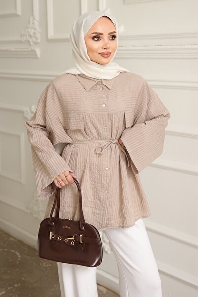 İmajButik قميص مينك مخطط أوفر سايز آي بي بأربطة