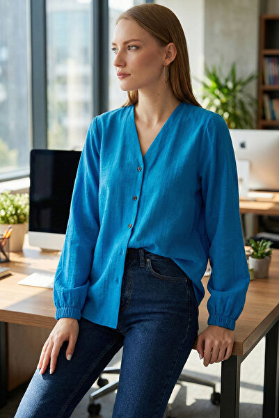 armonika Kadın Açık Mavi Kolu Lastikli Bürümcük Gömlek ARM-24K001002