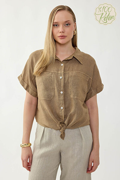 Vitrin 100% Linen Short Sleeve Shirt with Cover Pockets and Tie Front