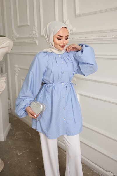 İmajButik Baby Blue Balloon Sleeve Belted Shirt