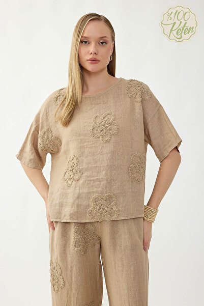 Vitrin 100% Linen Floral Motif Short Sleeve Blouse