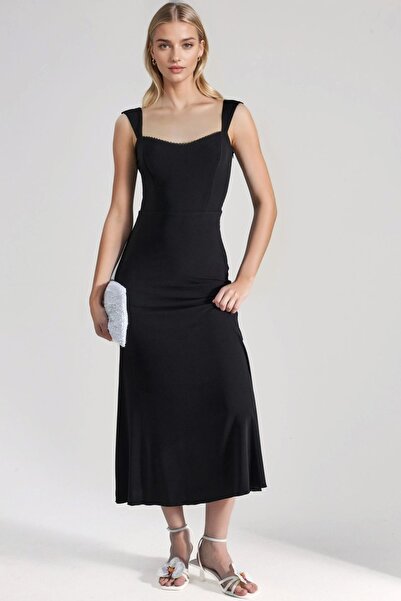 Hiccup Kalp Yakalı Midi Elbise