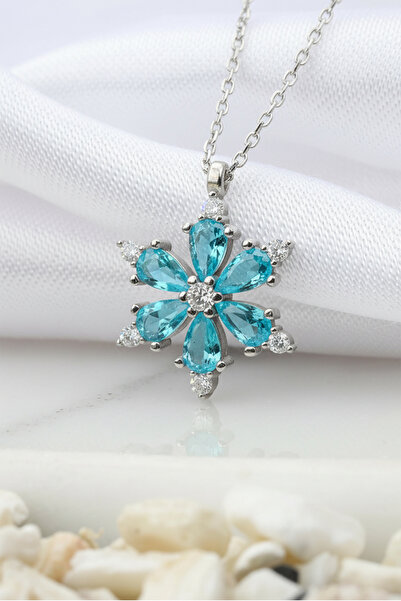 TAYFUN SİLVER Akuamarin Yapraklı Kar Çiçeği Zirkon Detaylı Zarif Stil 925 Aya...
