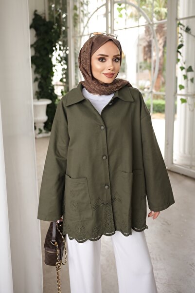 İmajButik سترة G قماش غبردين مطرزة باللون الكاكي