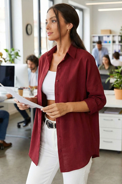 armonika Ženska dugi osnovni oversize košulja bordo boje ARM-22Y001118