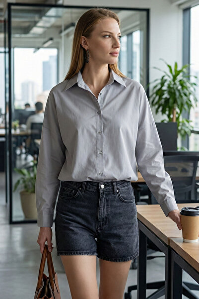 armonika Γκρι oversize γυναικείο πουκάμισο - Μακρύ βασικό μοντέλο ARM-22Y001118