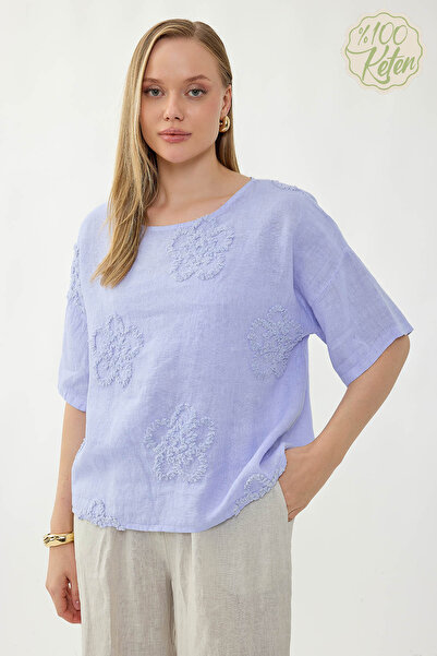 Vitrin 100% Linen Floral Motif Short Sleeve Blouse