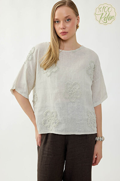 Vitrin 100% Linen Floral Motif Short Sleeve Blouse