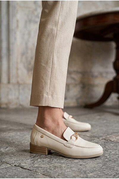Mammamia Kadın Deri Günlük Ayakkabı -Krem Bej- Klasik Modern Tarz-Tokalı - Al...