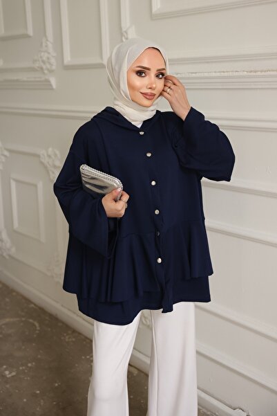 İmajButik Navy Blue Modal Tunic with Pleated Hem and Snap Fasteners