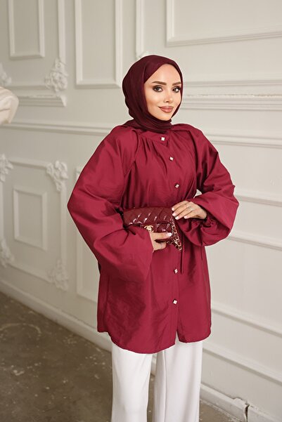 İmajButik قميص بحزام وأكمام بالونية باللون العنابي