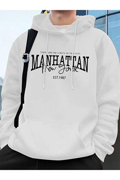 Tarzsokak مانهاتن نيويورك ووردس مطبوع سويت شيرت رجالي بغطاء رأس للخريف فضفاض ...