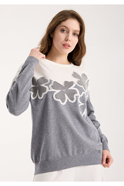 Moda Days Pulover pentru femei, gri argintiu, cu decolteu în V, cu model, măr...