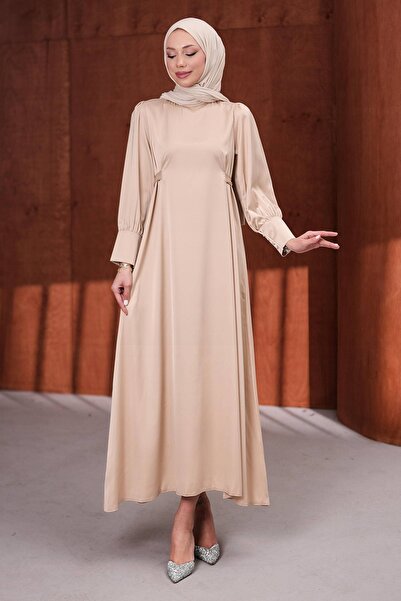 İmajButik Rochie de seară din satin bej cu curea la talie