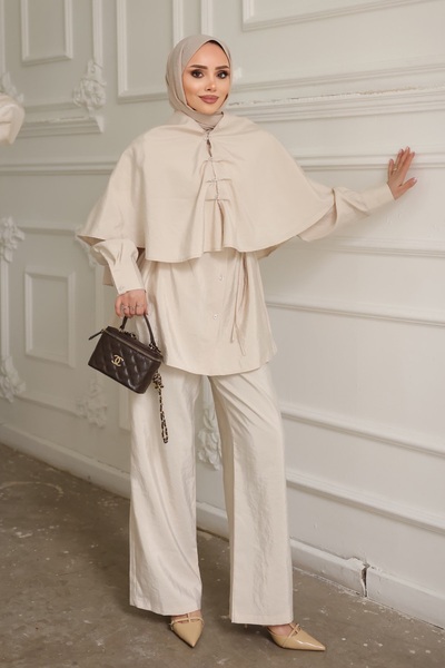 İmajButik Beige Cape Detailed Tunic and Trousers Set