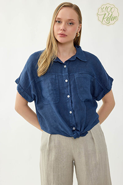 Vitrin 100% Linen Short Sleeve Shirt with Cover Pockets and Tie Front