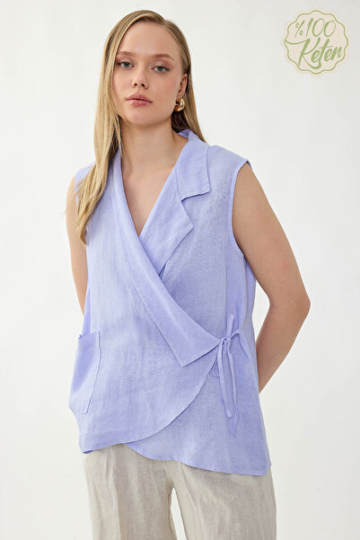 Vitrin 100% Linen Double-Breasted Collared Tie-Back Blouse