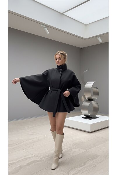 D&D Siyah Kemerli Geniş Kollu Kadın Panço