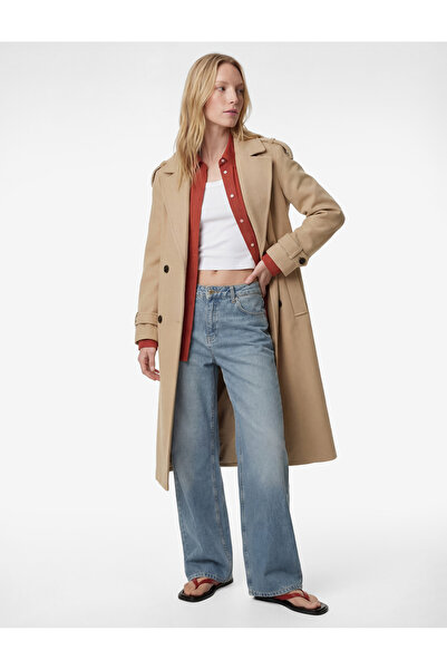 Koton Uzun Kollu Cepli Düğmeli Kuşak Detaylı Kruvaze Kaşe Trenç Kaban