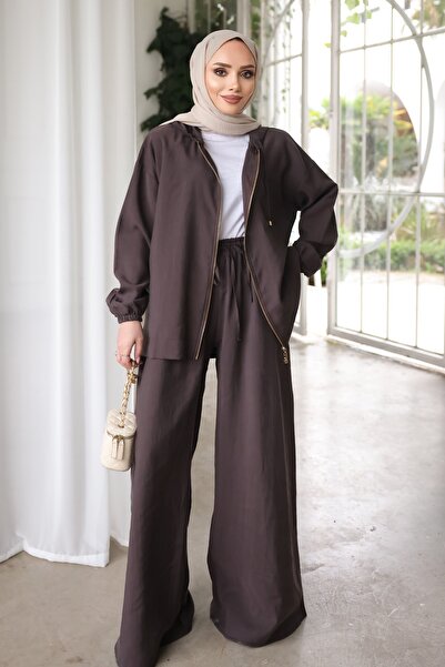 İmajButik Kahverengi Kapüşonlu Bol Paça Ceket Pantolonlu Takım