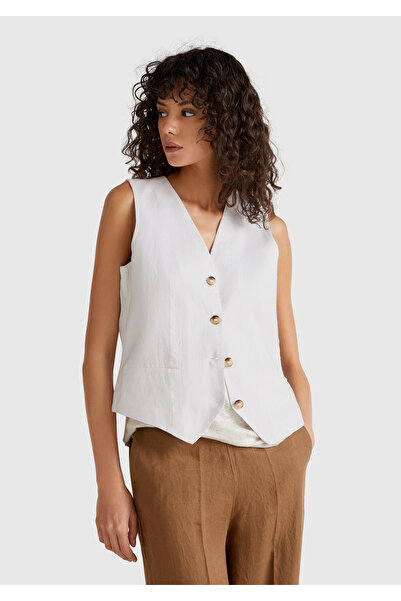 United Colors of Benetton Γυναικείο λευκό γιλέκο 100% Λινό με κουμπιά μπροστά...