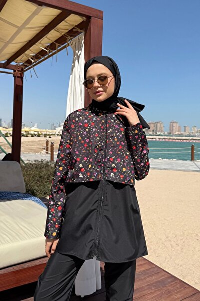 lurex moda Doha Paraşüt Kumaş 3'lü Tam Kapalı Tesettür Mayo