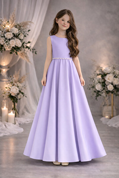 NSMLİFE Beli İncili ve Fiyonklu Yuvarlak Yaka Saten Çiçek Kız Elbisesi