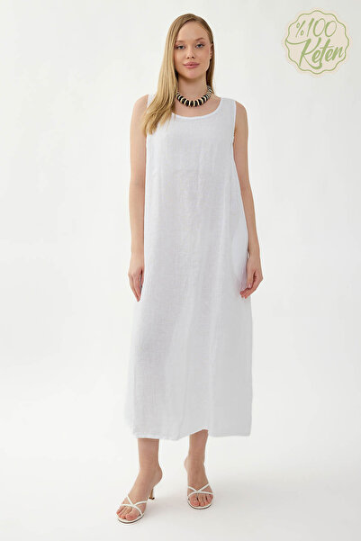 Vitrin 100% Linen Zero Sleeve Long Dress