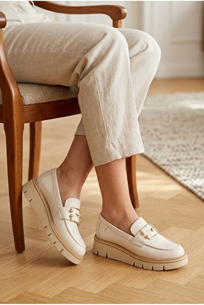 Mammamia Kadın Deri Günlük Ayakkabı -Krem Bej - Loafer - Dolgu Taban - Tarz- ...