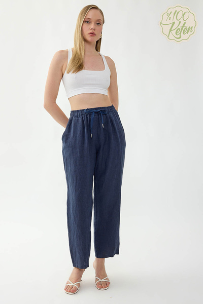 Vitrin 100% Linen Wide-Leg Trousers with Elastic Waist and Pockets