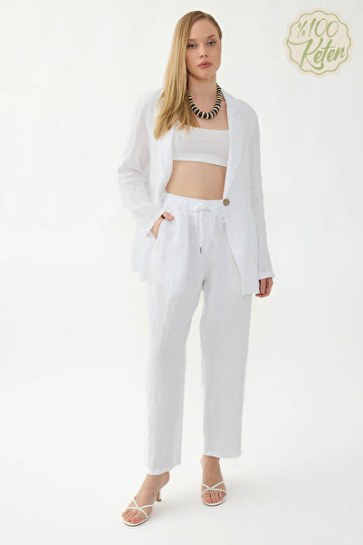 Vitrin 100% Linen Wide-Leg Trousers with Elastic Waist and Pockets