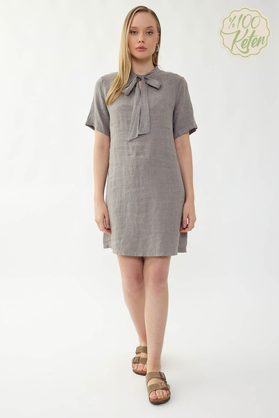 Vitrin %100 Keten Yakası Bağlamalı Kısa Kol Elbise