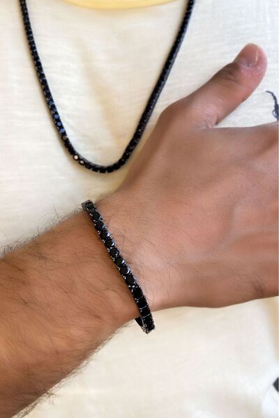 SUNSHINE 925 AYAR SİYAH TAŞLI SU YOLU ERKEK BLACK RODYUM KAPLAMA GÜMÜŞ BİLEKLİK