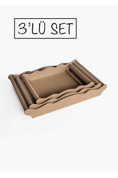 Ahşap Ham Mdf, Boyanabilir Dikdörtgen 3'lü Set Gondol Tepsi, 3 boy tepsi