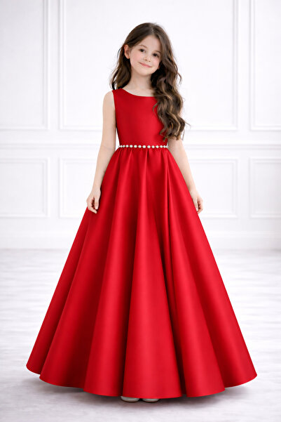 MadyaButik Okrugli vrat Satin Flover Girl haljina sa biserom i lukom u struku