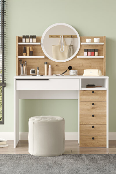 Yurudesign Ocean Makyaj Masası Aynalı Çekmeceli Şifonyer Raf Sepet-beyaz On30-sw