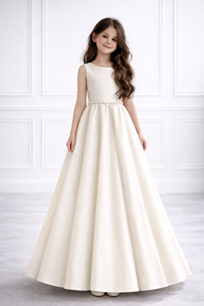 MadyaButik Okrugli vrat Satin Flover Girl haljina sa biserom i lukom u struku