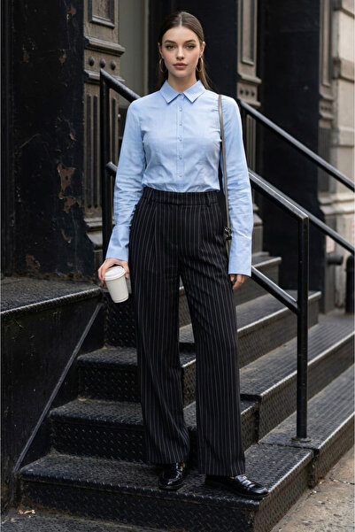 Madmext Black Striped High Waist Pleated Women's Fabric Trousers Mg2641