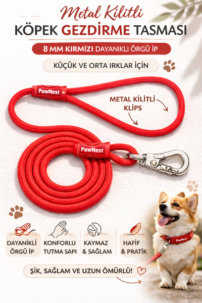 PAWNEST Metal Kilitli Köpek Gezdirme Tasması – 8 mm Kırmızı Dayanıklı Örgü İp...