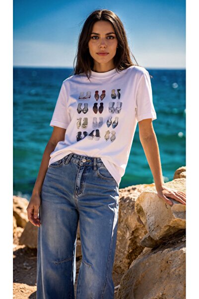 Amia&Co. Tricou alb guler rotund cu broderie de piatră B cu imprimeu O suprad...