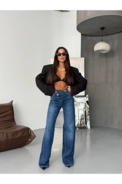 HerTon Γυναικείο τζιν με ψηλή μέση, ασύμμετρη μέση και φαρδιά μπατζάκια, από ...