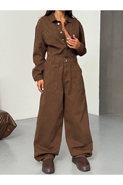 HerTon Geniş Paça Kahverengi Tulum (Wide-Leg Jumpsuit)